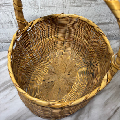 Large Vintage Oval Wicker Rattan Gathering Basket with Handle