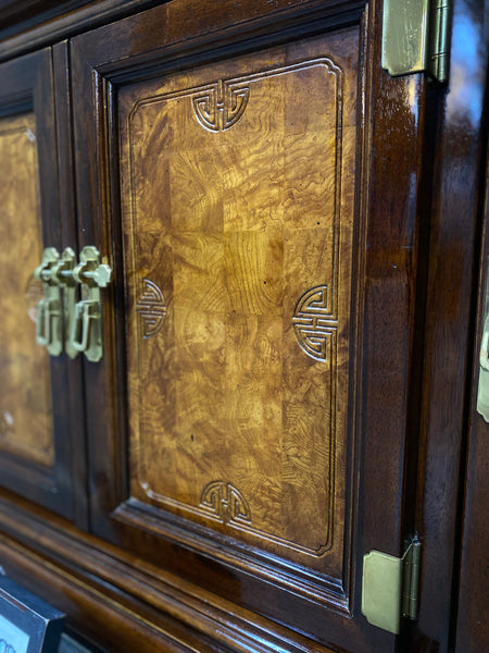 Universal Furniture Mahogany & Burled Ashwood Asian Breakfront China Cabinet