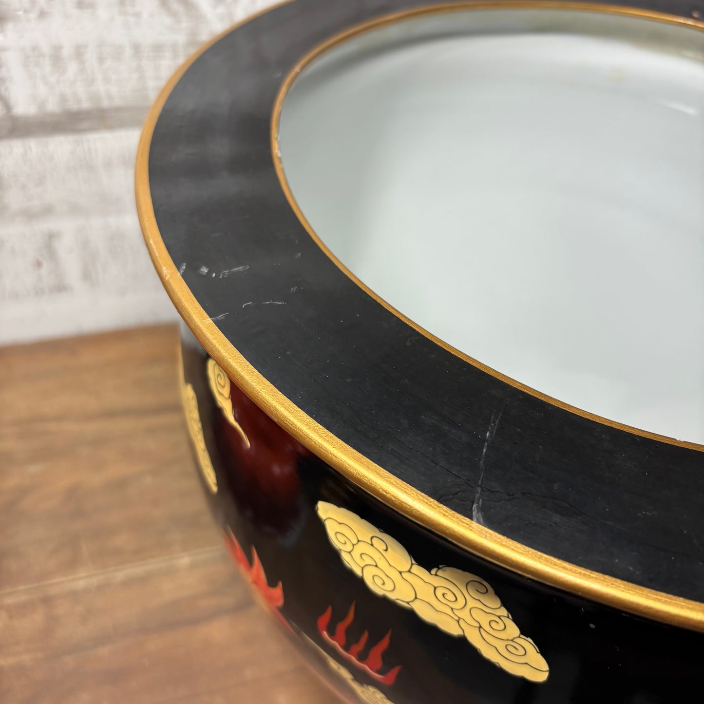 Rare Bombay Oriental Red Gold & Black Dragon Porcelain Fishbowl Planter Pot