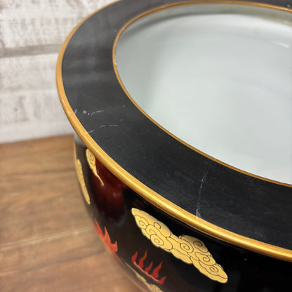 Rare Bombay Oriental Red Gold & Black Dragon Porcelain Fishbowl Planter Pot