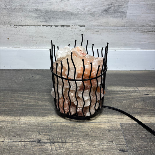 Himalayan Glow Pink Salt Rock Metal Basket Lamp