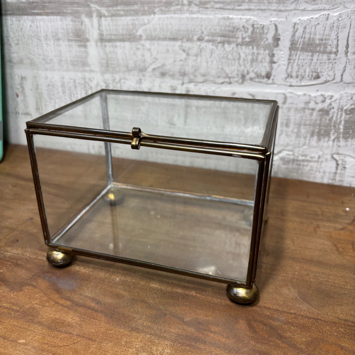 Vintage Brass Glass Jewelry Footed Trinket Box
