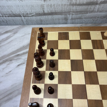 Vintage Wooden Folding Travel Chess Board with Pieces