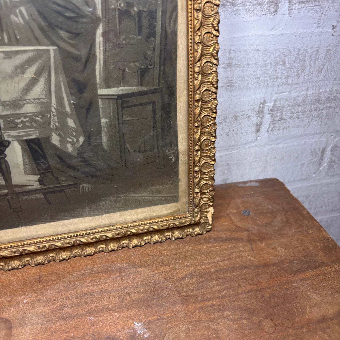Framed Antique Print “Jesus Blessing Meal with Victorian Family at Dinner Table”