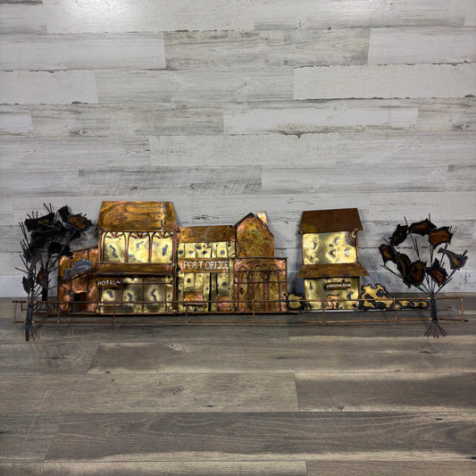 Mid Century Metal Copper Patina Town Sculpture