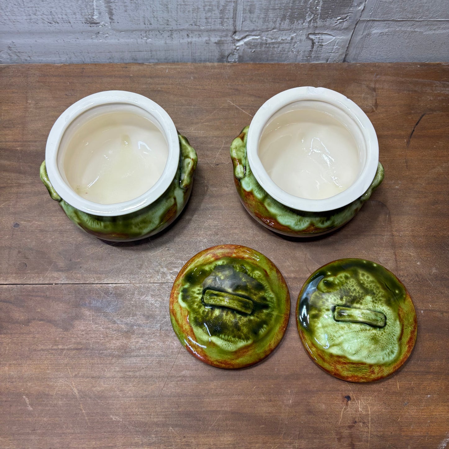 Vintage Glazed Lidded Bean Pots Set Of Two