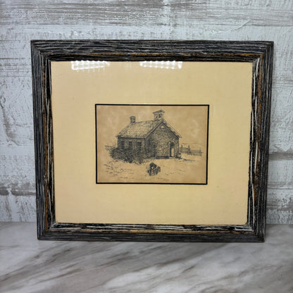 Vintage Schoolhouse Etching By Fine Art Imports Matted Framed Art