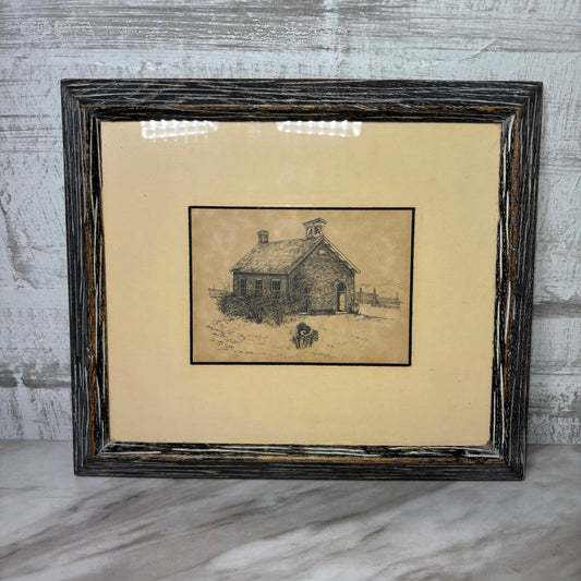 Vintage Fine Art Imports Schoolhouse Etching in Wooden Frame