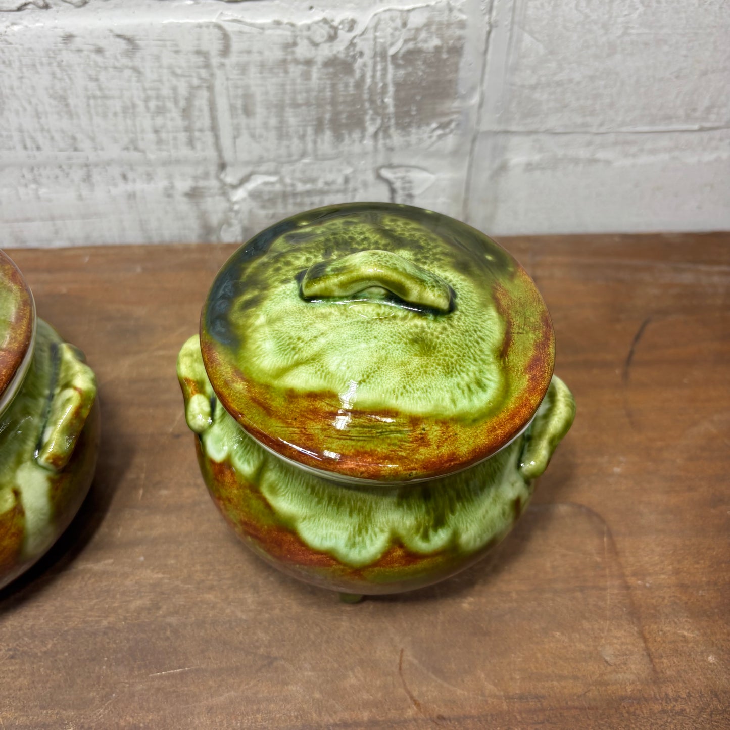 Vintage Glazed Lidded Bean Pots Set Of Two
