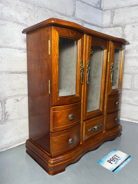Vintage Wood Jewelry Box Hutch With Glass Doors