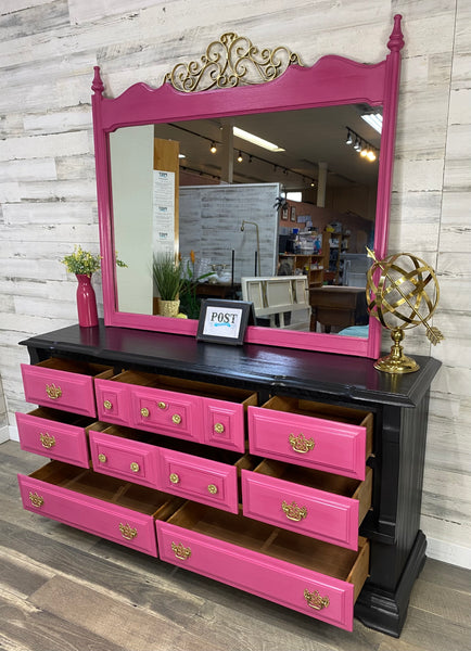 Hot Pink & Black Dresser W/ Mirror