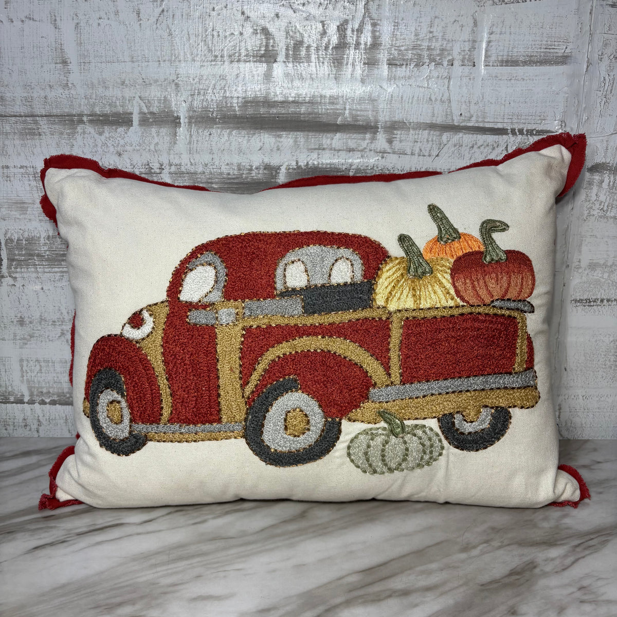 Fall Truck W/ Pumpkins Embroidered Throw Pillow