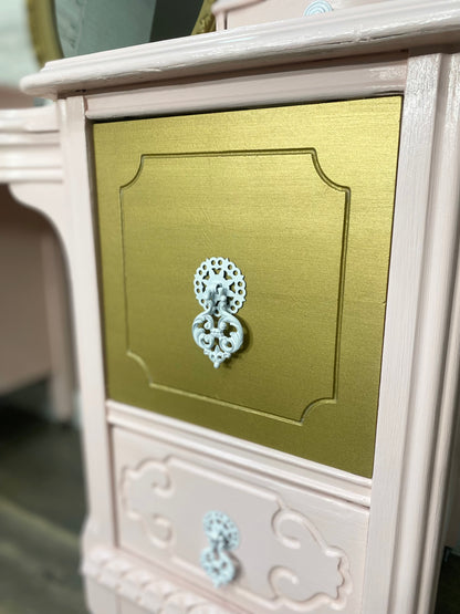 Pink & Gold Antique Vanity Desk & Mirror