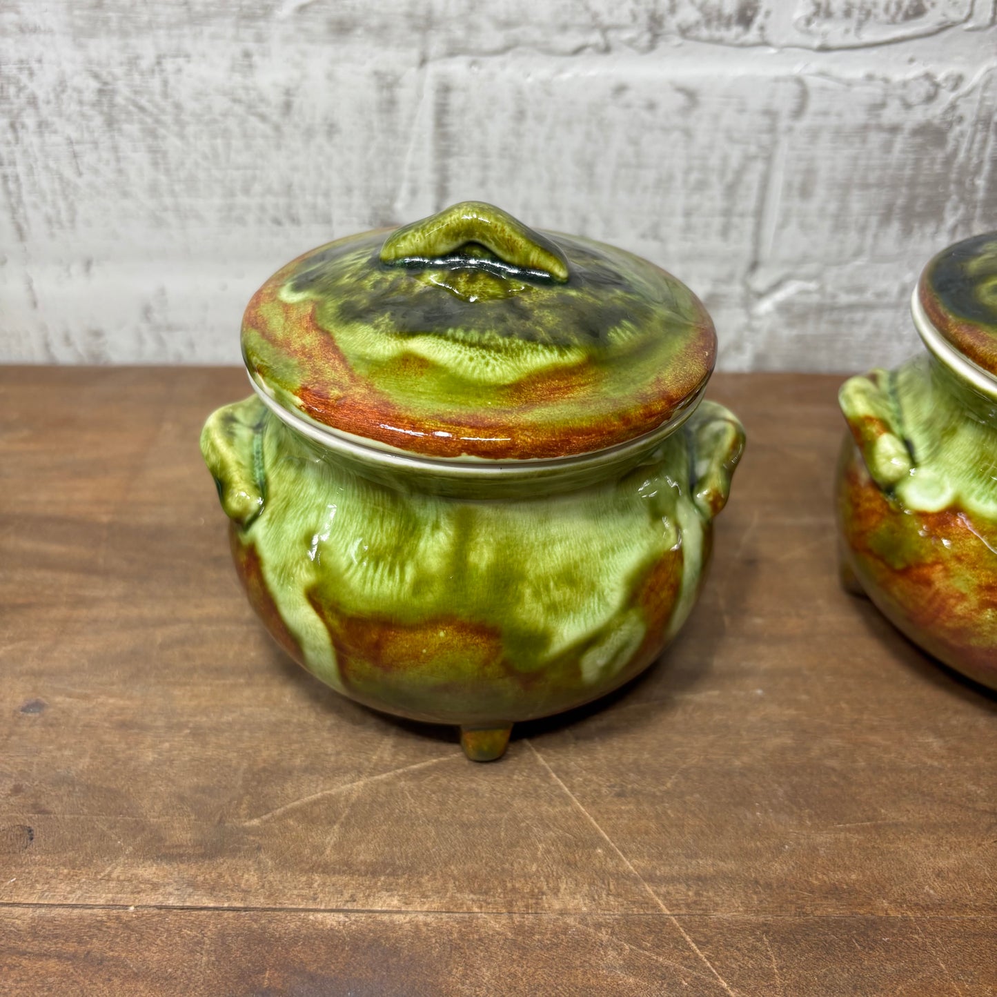 Vintage Glazed Lidded Bean Pots Set Of Two