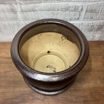 Brown Glaze Clay Pot W/ Attached Saucer