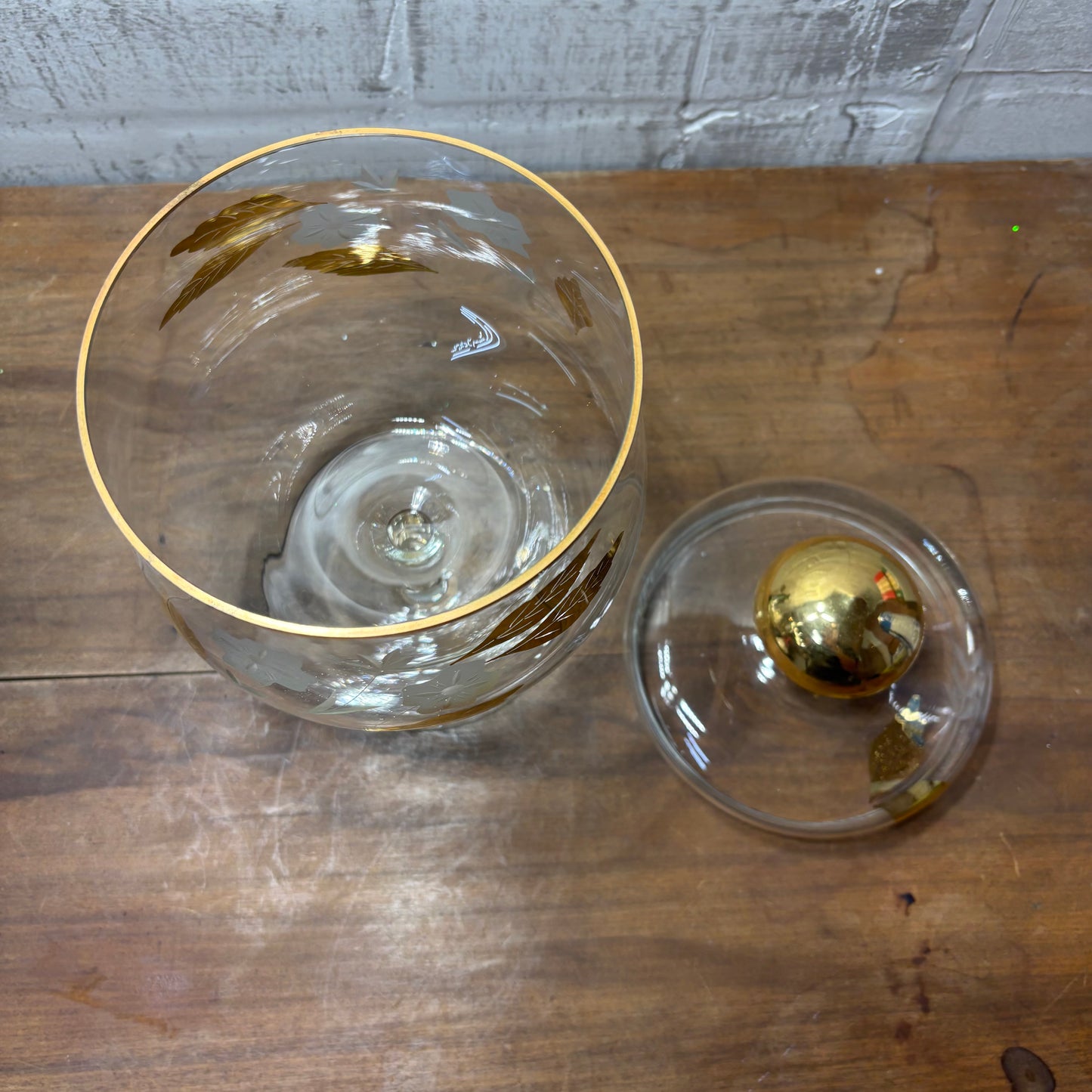 Mid Century Gold Leaf Etched Glass Candy Dish