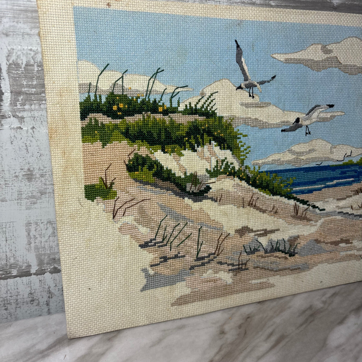 Vintage Signed Coastal Beach Scene Cross Stitch Panel