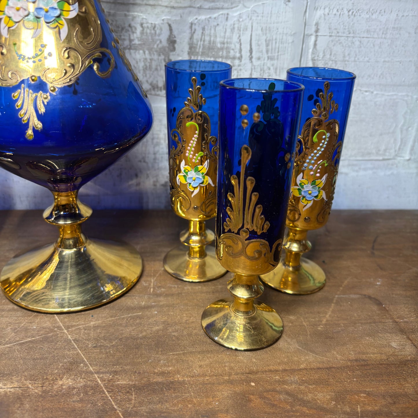 Vintage Venetian Italian Colbalt Blue Hand painted Decanter and Six Glasses