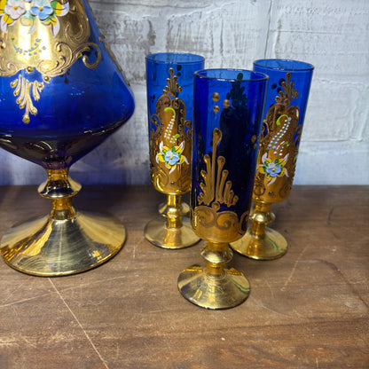 Vintage Venetian Italian Colbalt Blue Hand painted Decanter and Six Glasses