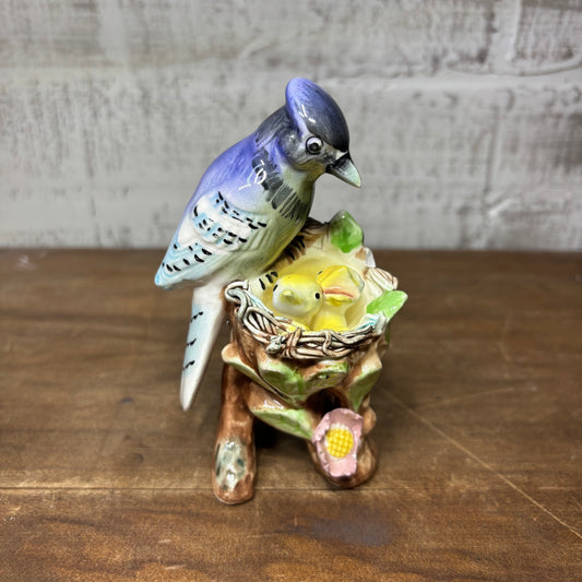 Vintage Porcelain Mama Blue Jay Statue