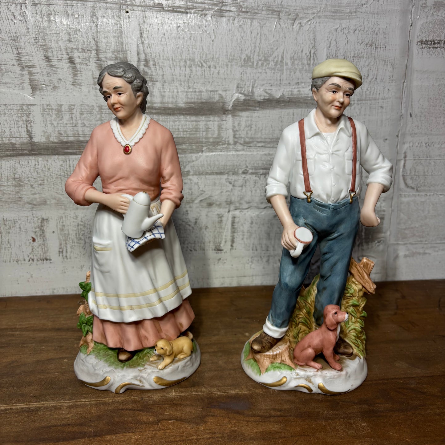 Vintage Homco Porcelain Elderly Couple W/ Dogs Figurine Set #1425