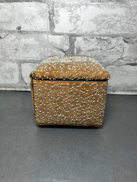 Vintage Tan Velvet W/ Sewn Beads Jewelry Box