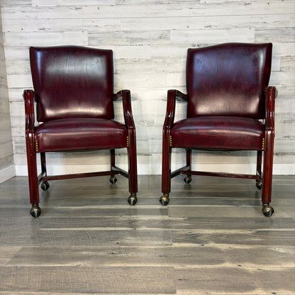 Set Of 2 Red Leather Accent Chairs On Wheels
