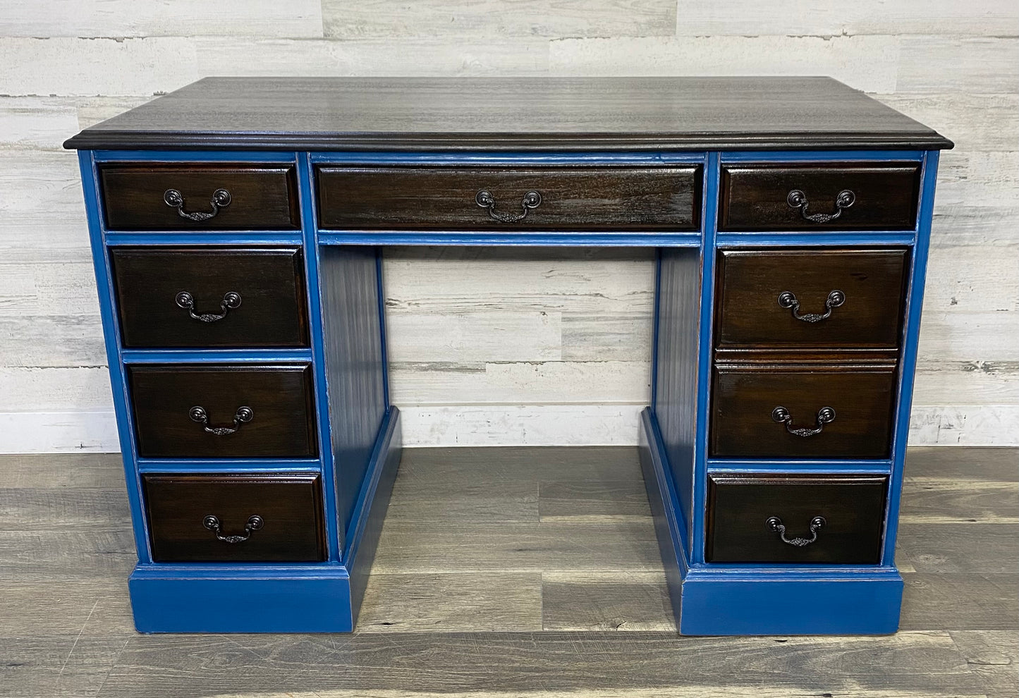 Navy Blue Desk W/ Dark Wood