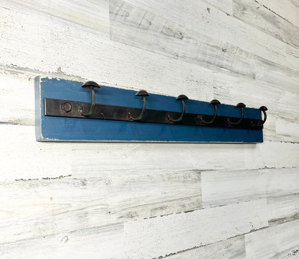 Blue Farmhouse Coat Rack W/ Iron Hooks