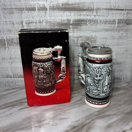 Vintage 1982 Avon Age Of The Iron Horse Ceramic Beer Stein Lid & Box Brazil