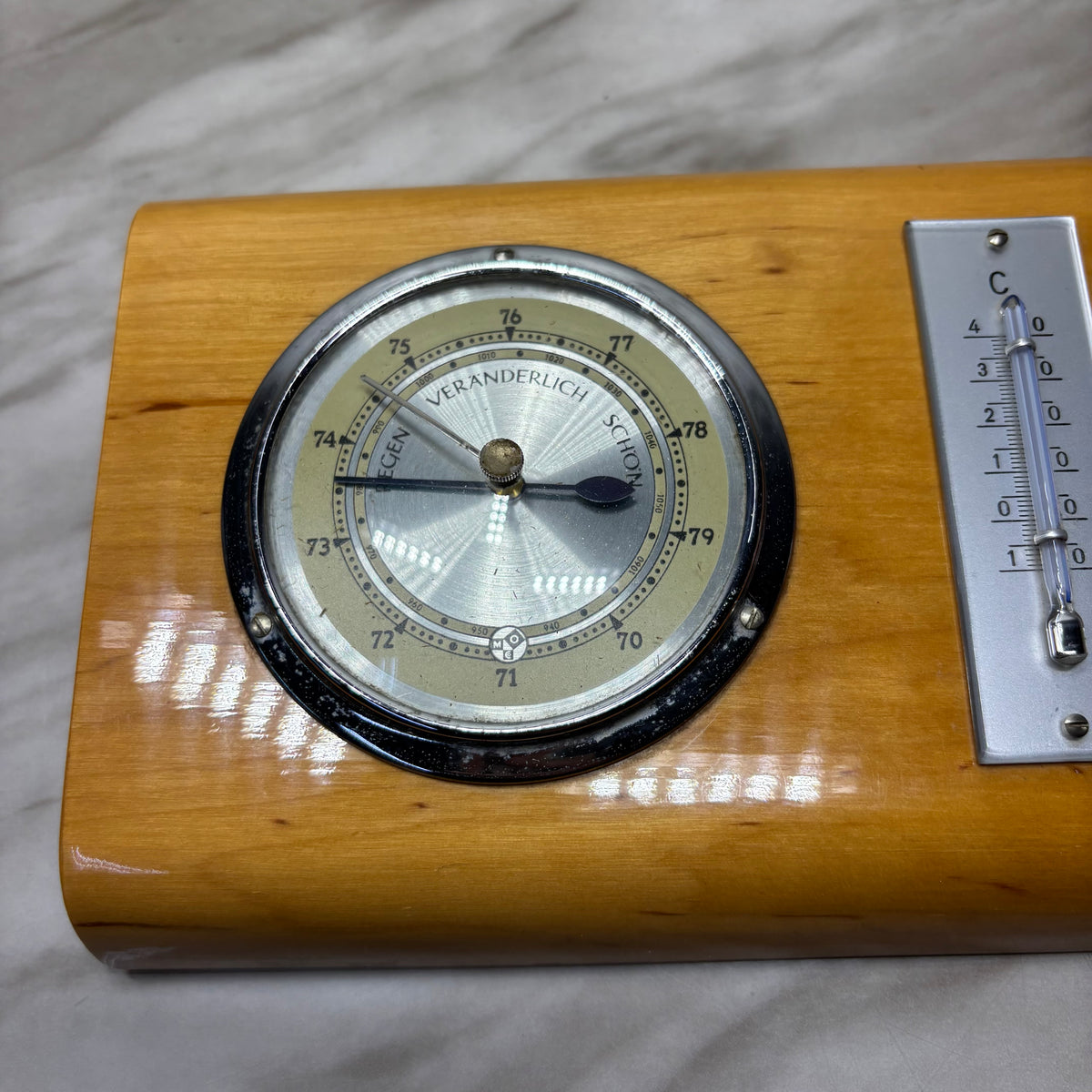 Vintage German Wood Barometer with Celsius Thermometer