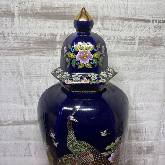 Vintage Japanese Peacock Design Cobalt Blue Vase With Lid