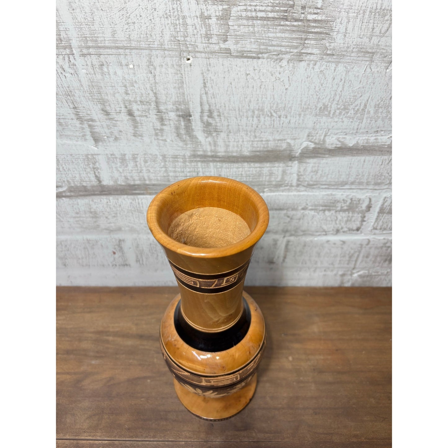 Carved Etched Floral Wooden Vase