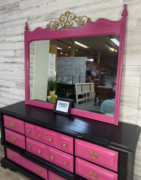 Hot Pink & Black Dresser W/ Mirror