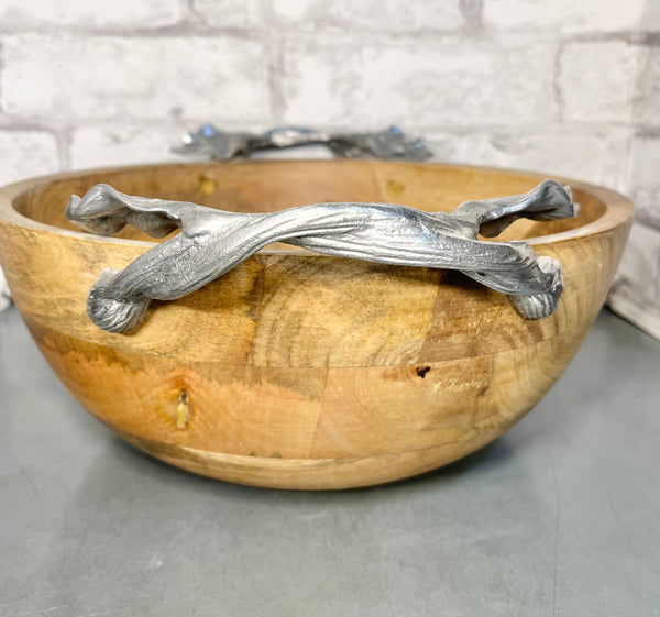 Wood Serving Bowl W/ Silver Leaf Handles