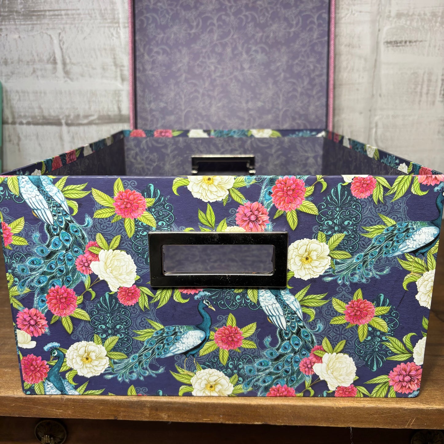 Pink & Blue Floral Peacock Design Storage Box