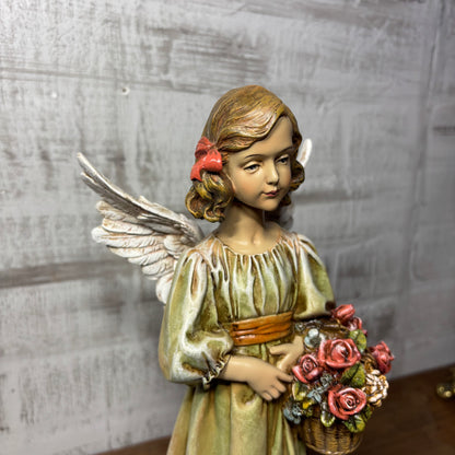 Decorative Angel Figurine W/ Basket Of Roses