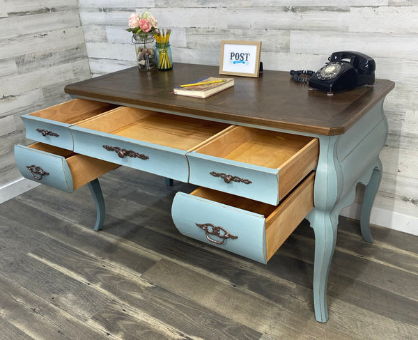 Warsaw Gray Blue Desk Wood Inlay Top