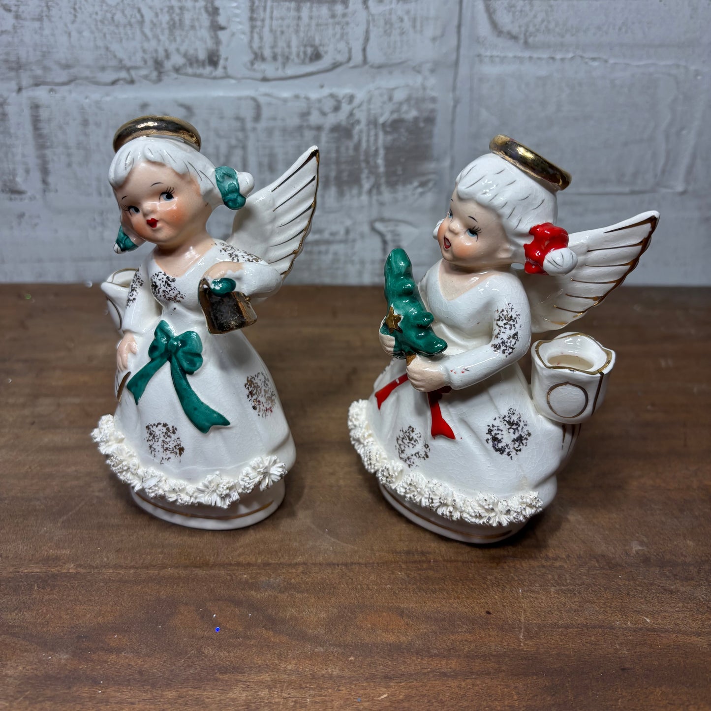 Vintage Ucagco Spaghetti Trim Angel Candle Holder Set