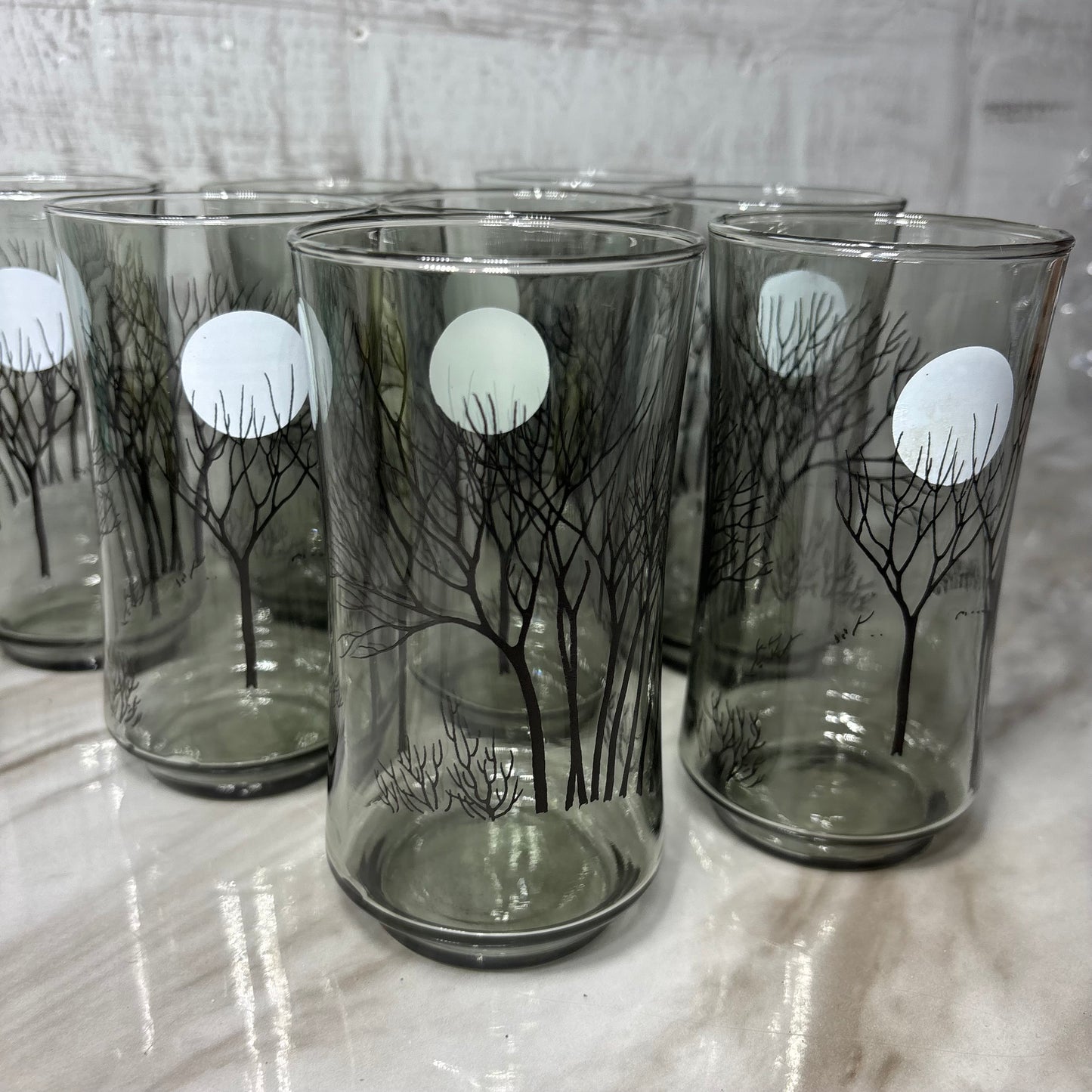 Smoked Gray Black Tree Moon Design Set Of 8 Glasses