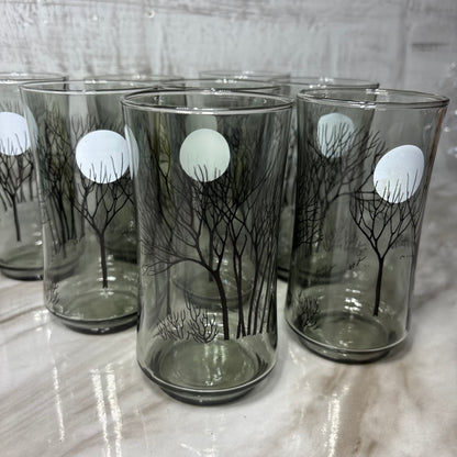 Smoked Gray Black Tree Moon Design Set Of 8 Glasses