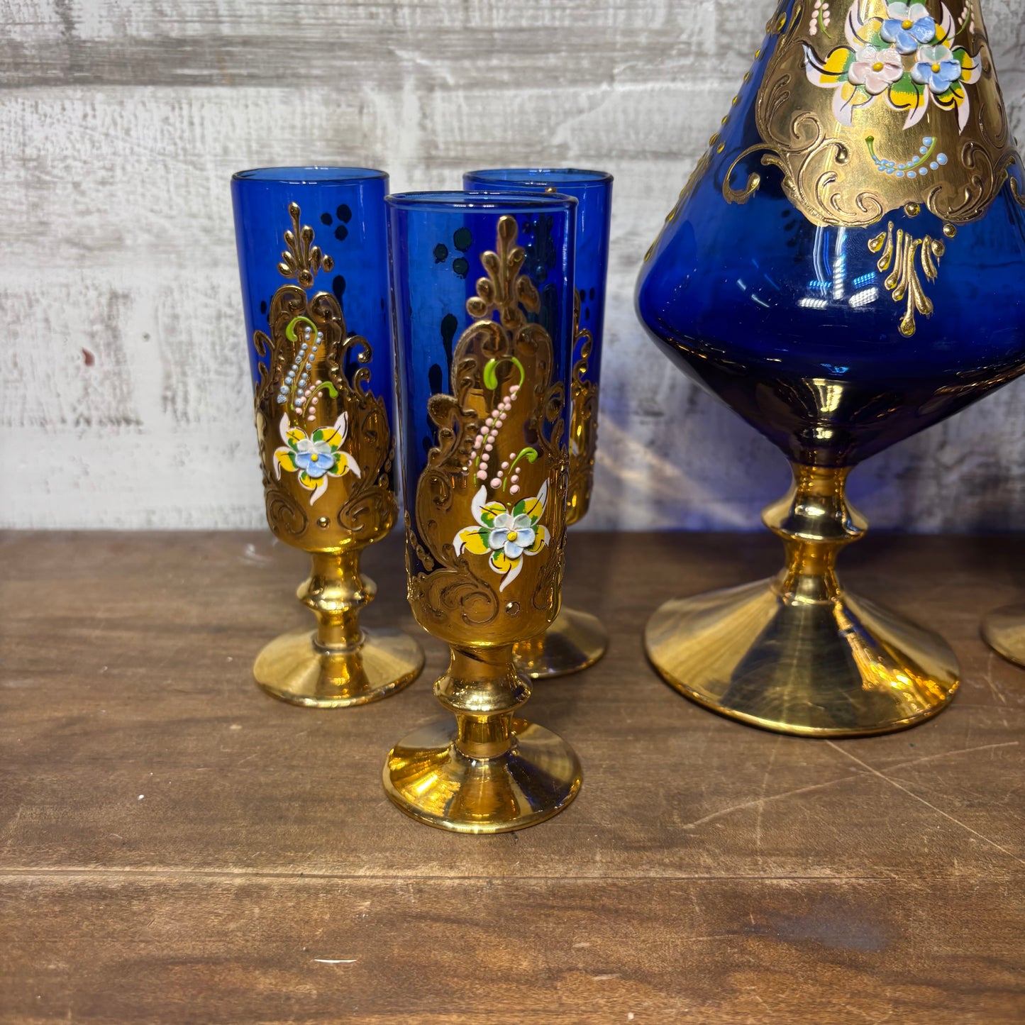 Vintage Venetian Italian Colbalt Blue Hand painted Decanter and Six Glasses