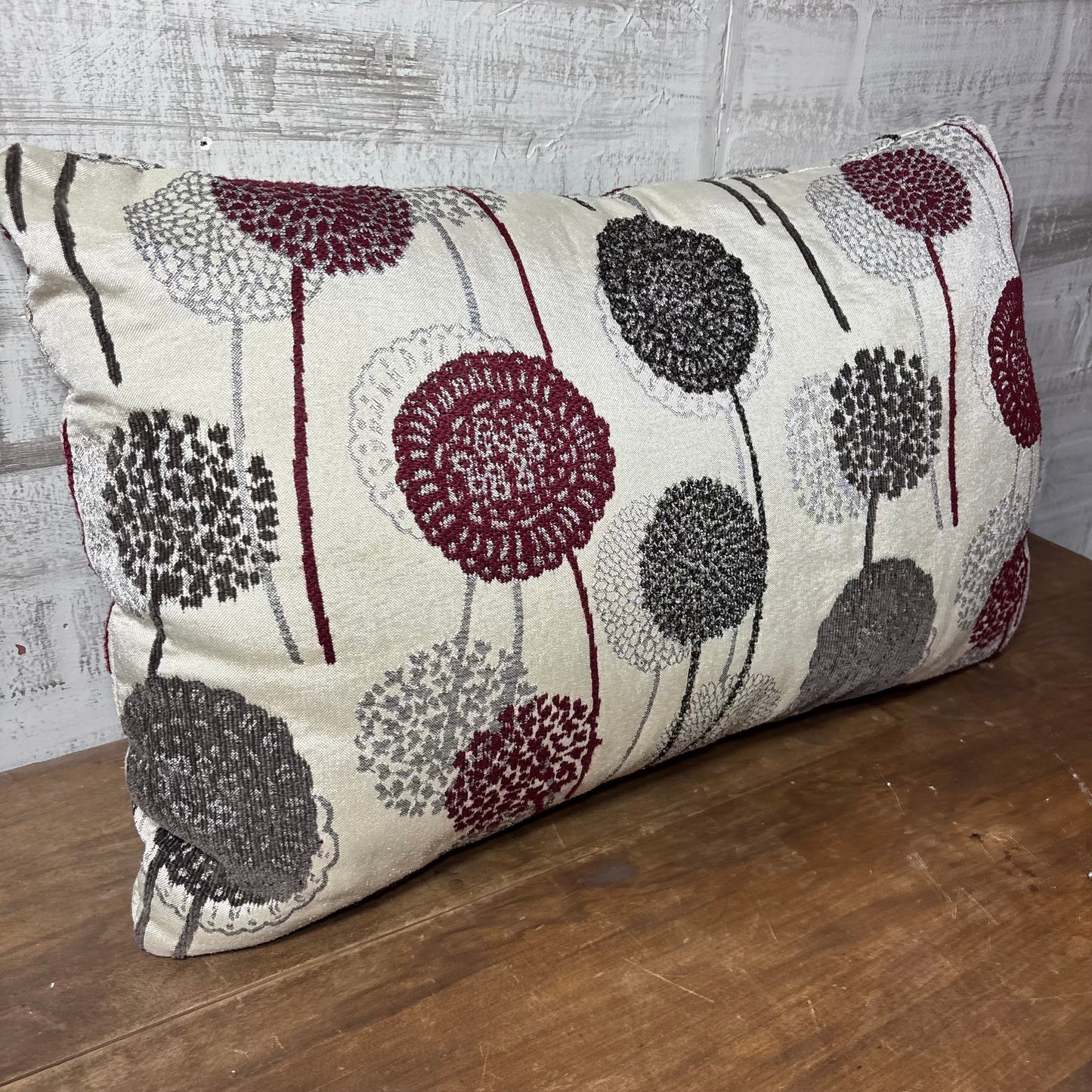 Large Lumbar Burgundy And Gray Floral Accent Pillow