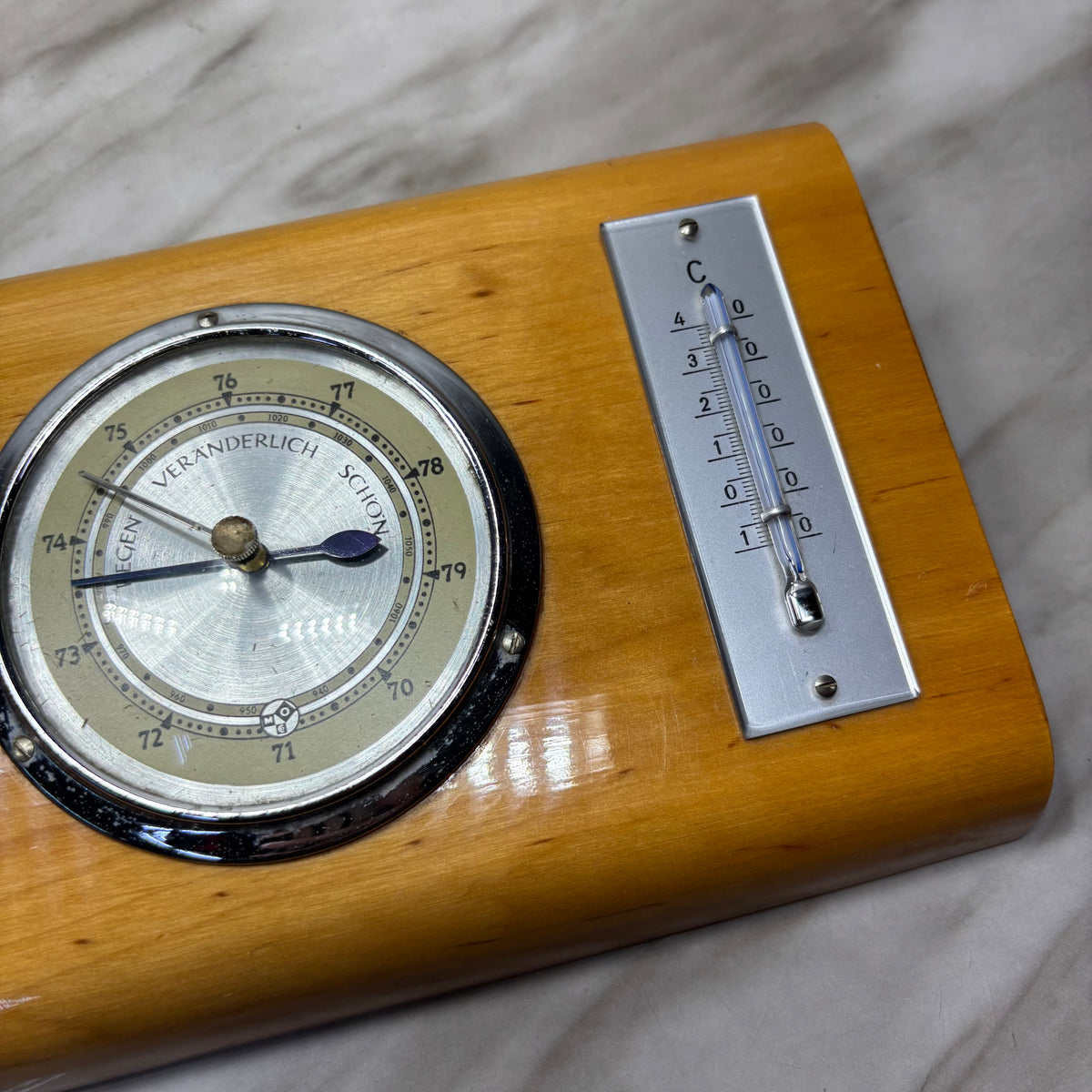 Vintage German Wood Barometer with Celsius Thermometer