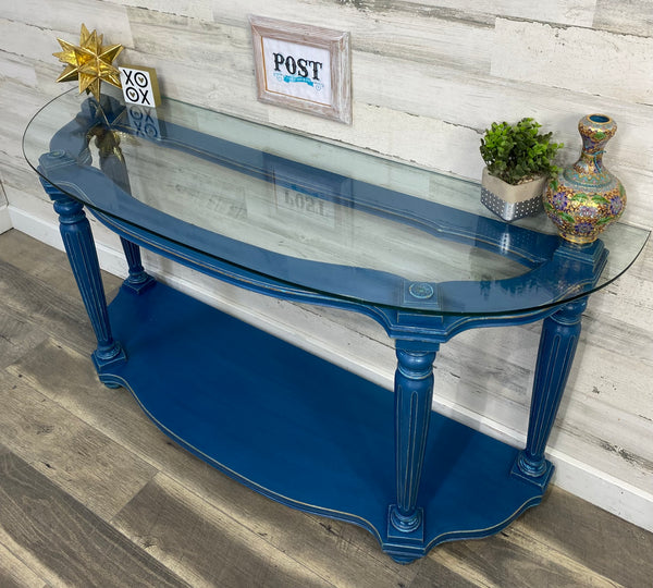 Navy Blue Sofa Table W/ Glass Top