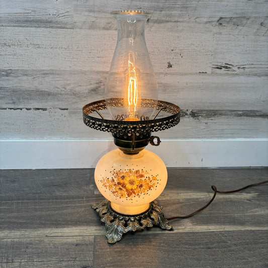 Vintage Floral Milk Glass Hurricane Lamp