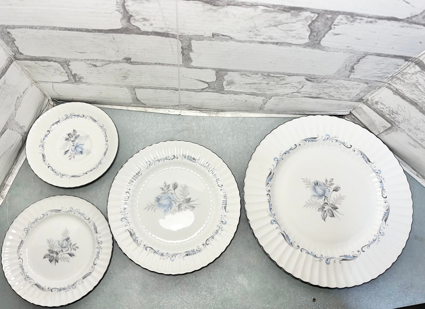 Vintage Paragon “Morning Rose” Silver Rim Dinner Dish Set Of 7