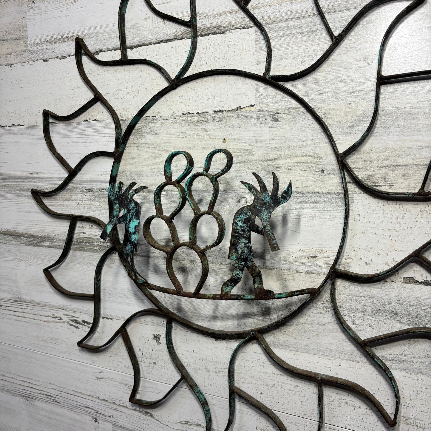 Vintage Sun Shaped Patina Metal Kokopelli Outdoor Decor
