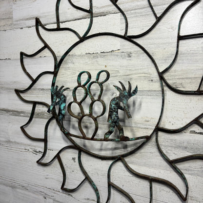 Vintage Sun Shaped Patina Metal Kokopelli Outdoor Decor