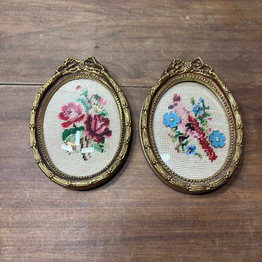 Antique Cross Stitch Floral Ornate Gold Frame Decor Set Of 2